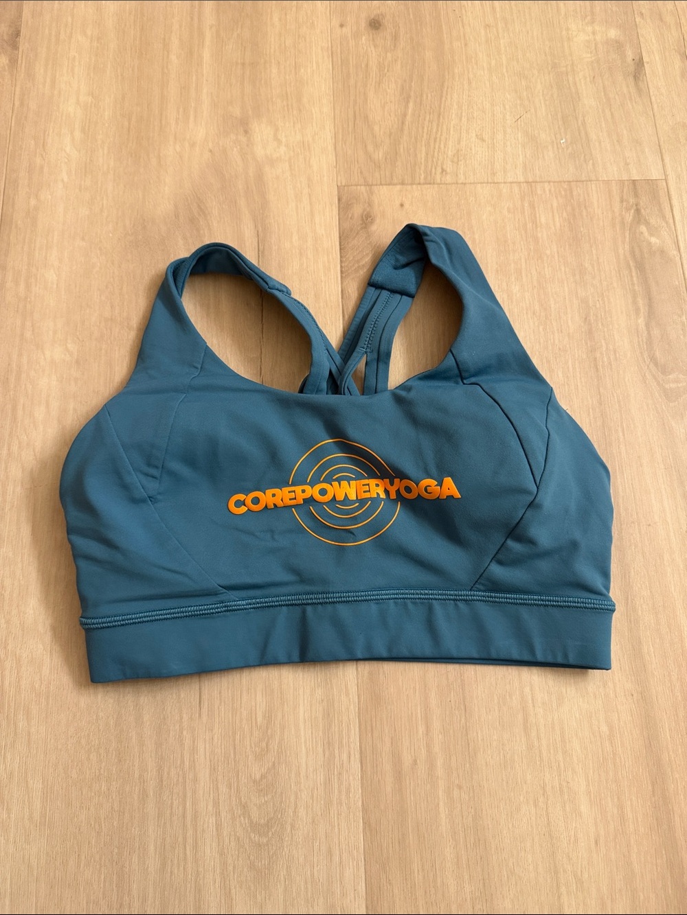 lululemon athletica Teal Blue CorePower Yoga Sports Bra with Orange Logo